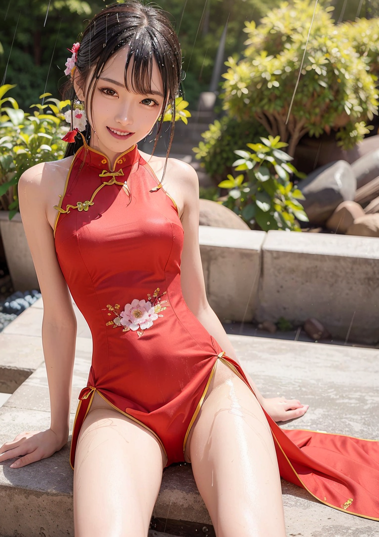 赤いチャイナドレスの笑顔ポートレート #美少女 #チャイナドレス #屋外