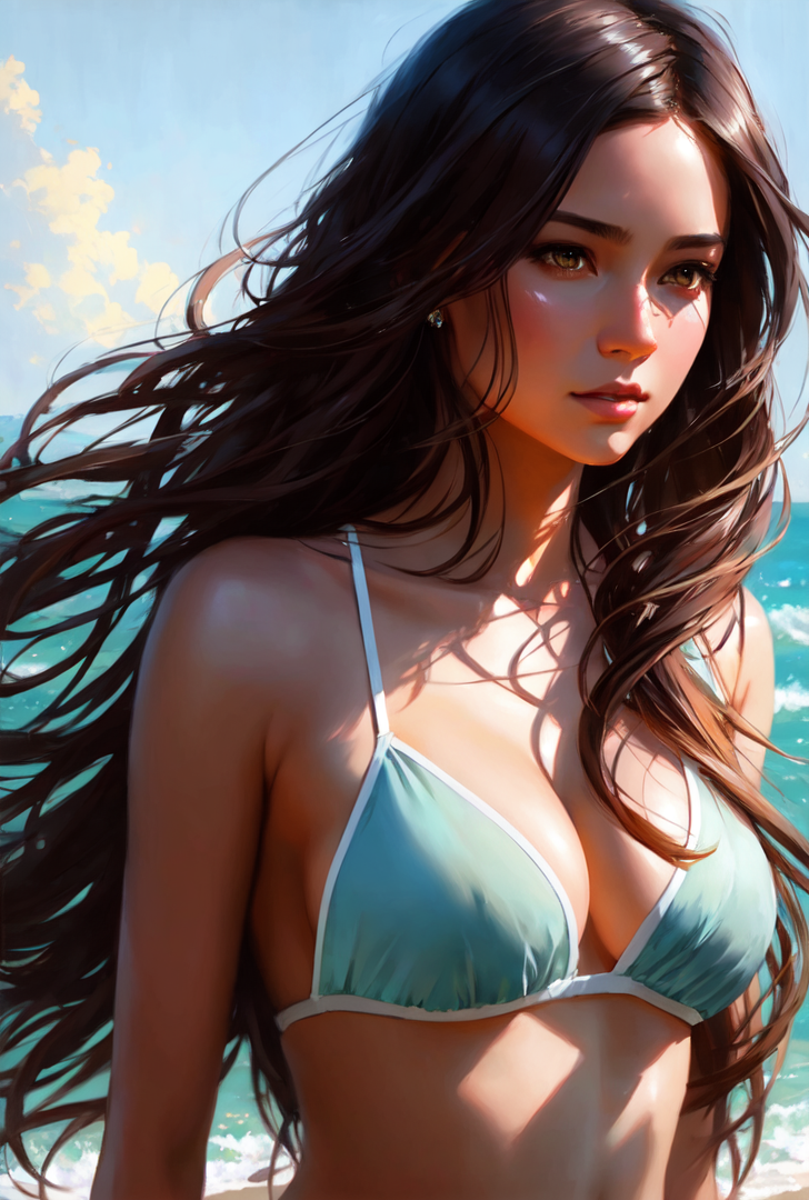 黒髪が流れる海辺の肖像画 #美少女 #水着 #海辺