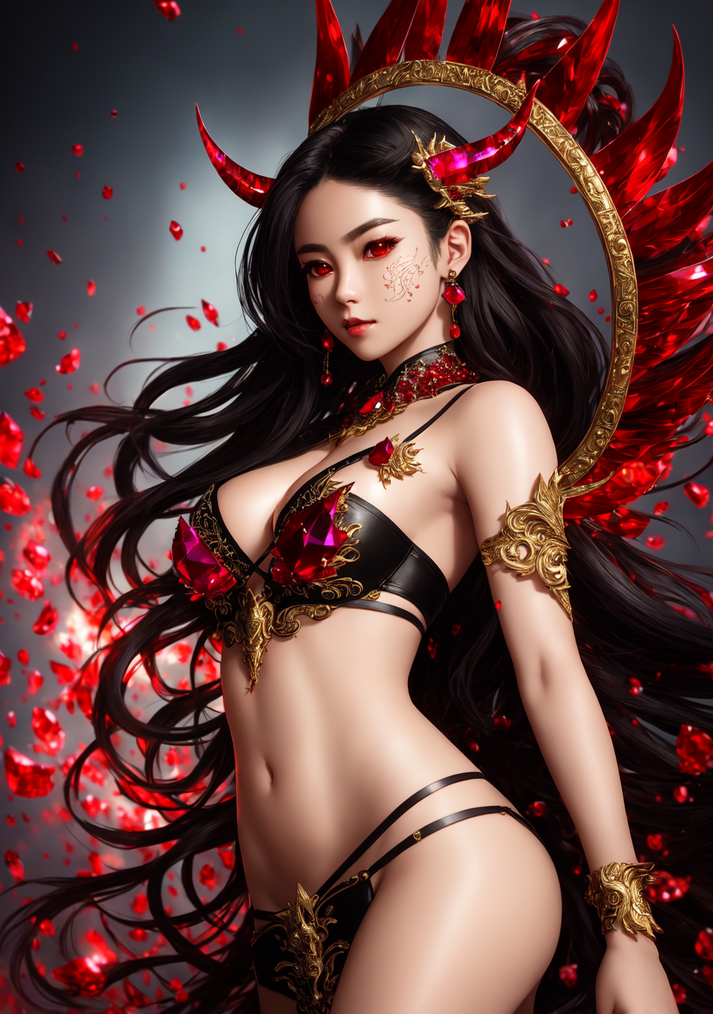 黒髪の妖艶な魔女、赤く輝く角と装飾品 #美少女 #妖艶 #黒髪