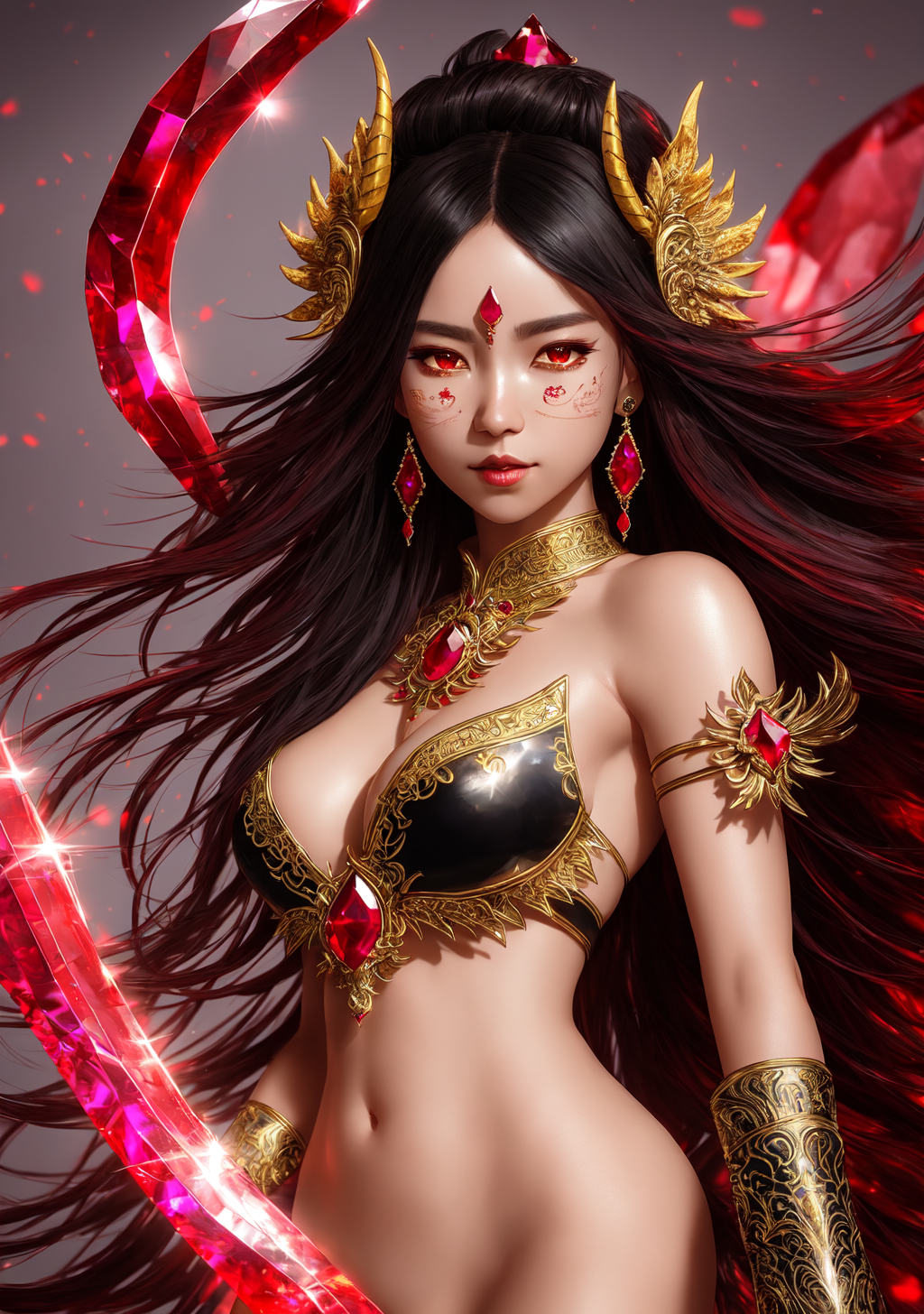 黒髪の女神、金色の装飾と赤い瞳の幻想的ポートレート #美少女 #神秘的 #黒髪