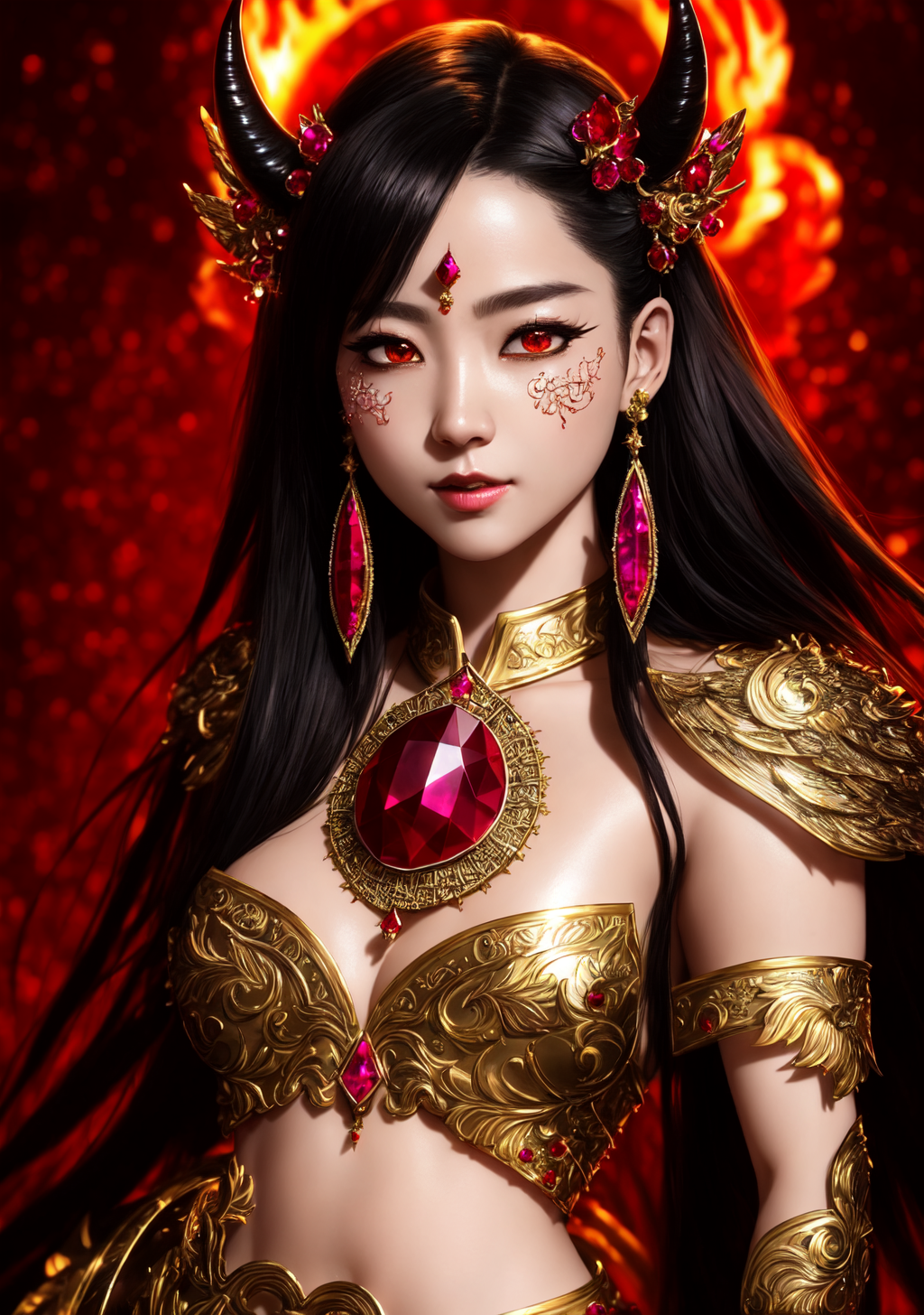 炎の中の鬼姫 金と赤の豪華ポートレート #美少女 #鬼 #和風