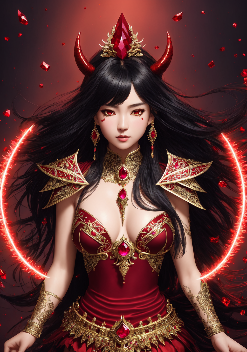 赤い瞳の魔王妃、黄金装甲に身を包む #美少女 #ファンタジー #王妃