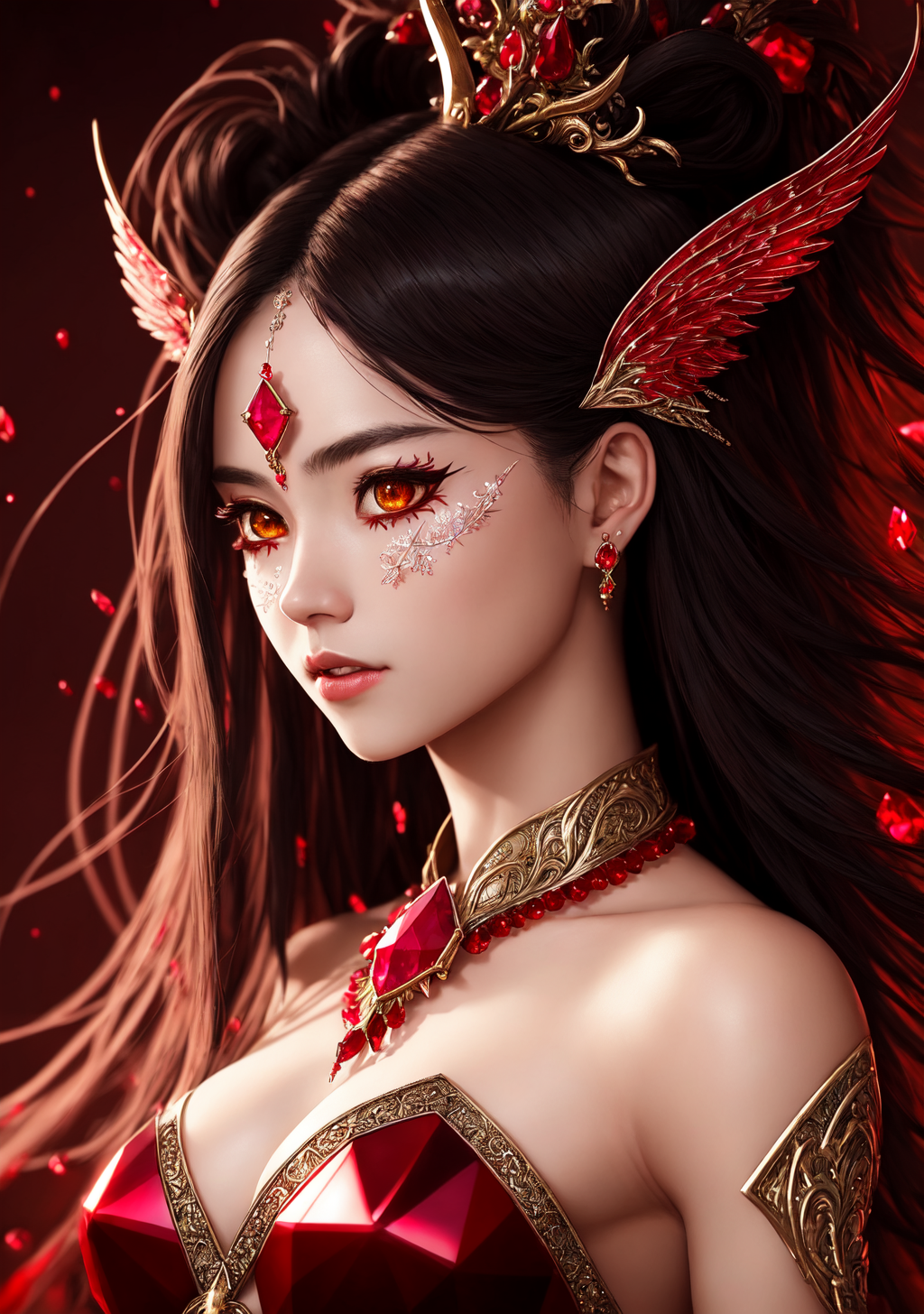 赤い瞳と金色の翼を持つ神秘的な美少女 #美少女 #神秘的 #和風