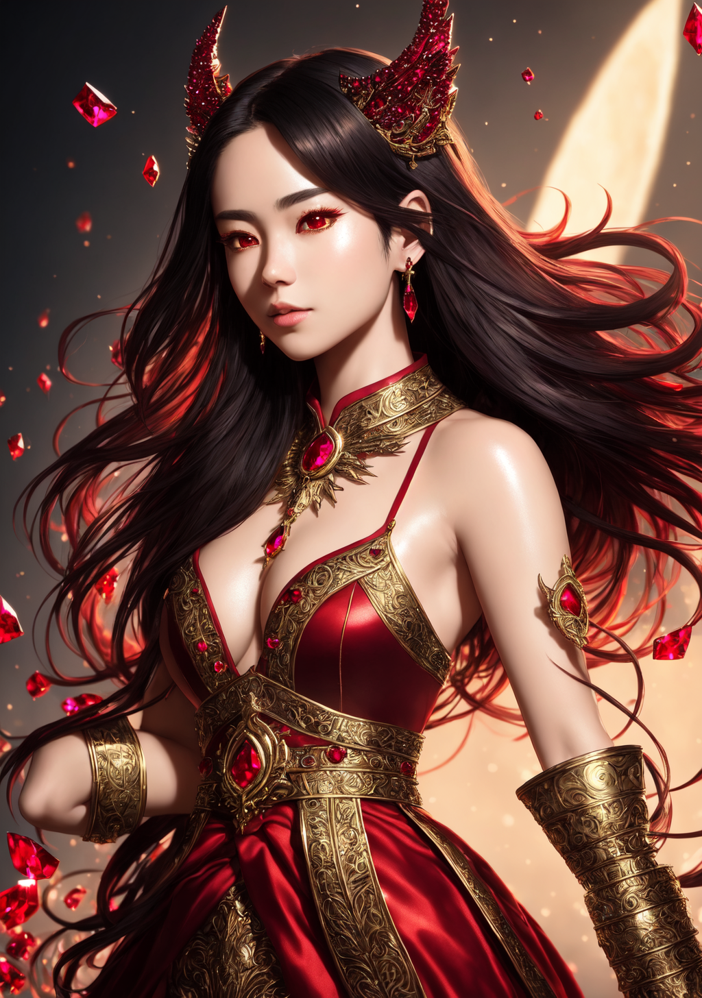 赤い瞳の魔女、金色の装飾と炎のドレス #美少女 #妖艶 #ファンタジー