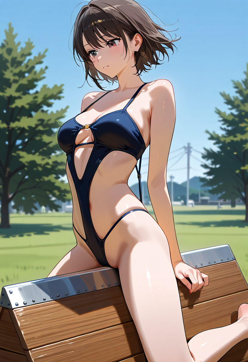 青い水着姿で公園でくつろぐ少女 #美少女 #屋外 #脚