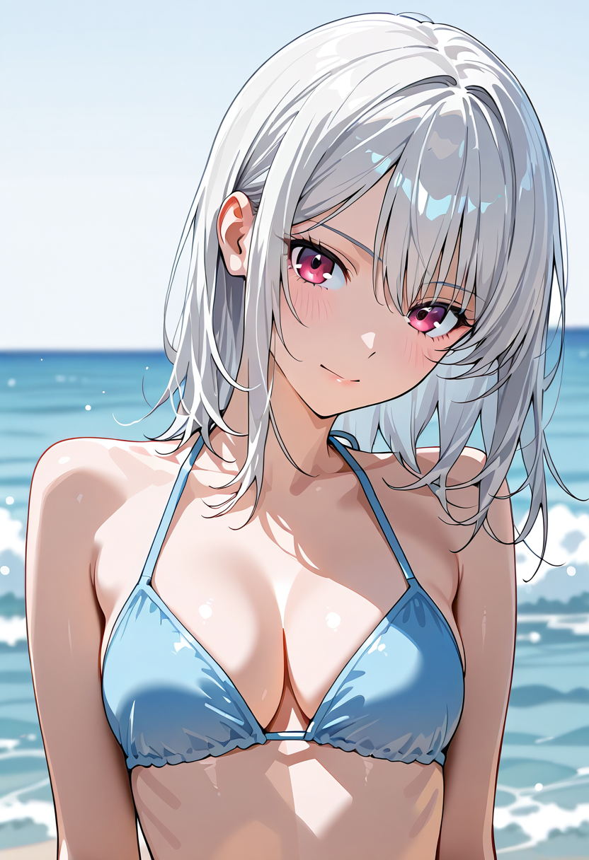 銀髪の少女、海辺の笑顔ポートレート #美少女 #アニメ調 #かわいい