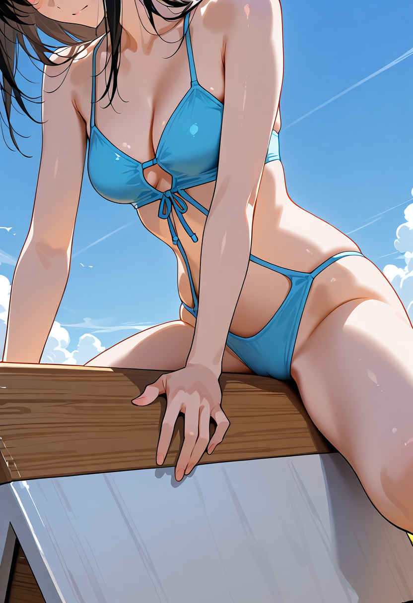 青いビキニの少女、夏空のポートレート #水着 #ビキニ #屋外