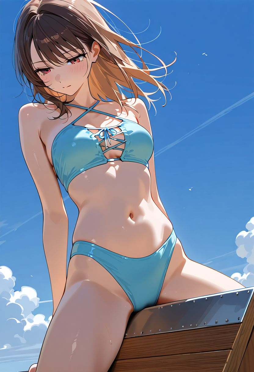 青空と爽やかなビキニ姿の少女イラスト #水着 #美少女 #屋外