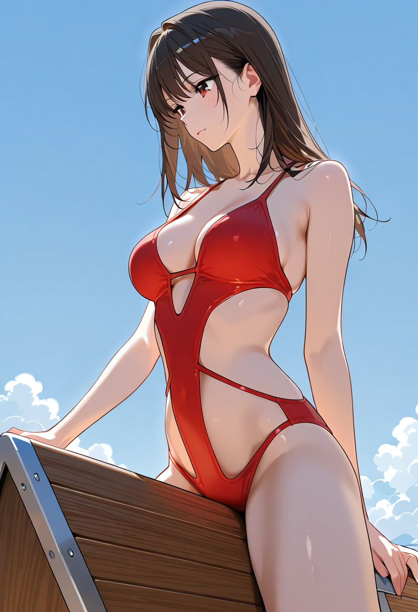 青空の下、赤いワンピースの少女 #アニメ調 #空 #屋外
