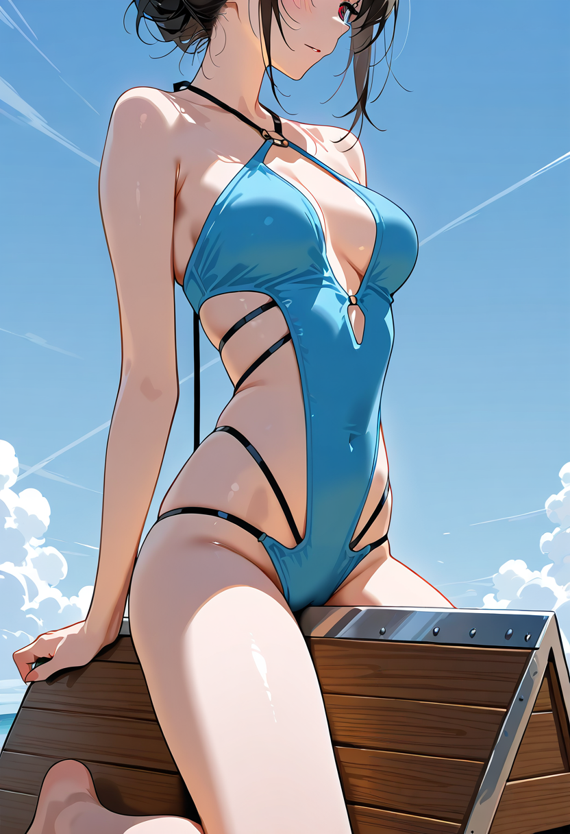 青い水着の少女、青空のポートレート #美少女 #アニメ調 #空