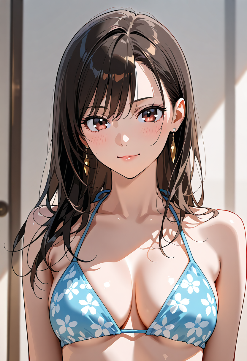 青い花柄水着の長髪美少女ポートレート #美少女 #アニメ調 #長髪