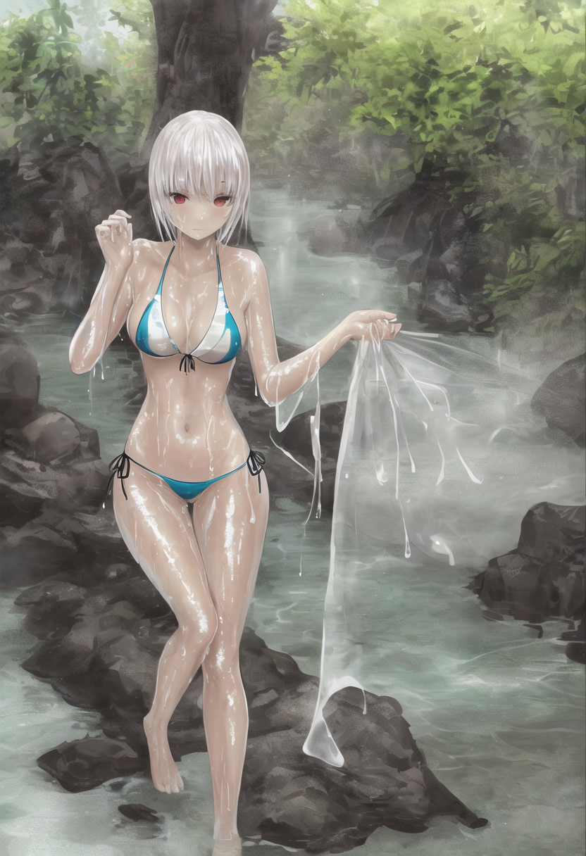 白髪の少女が温泉で微笑む夏の風景 #水着 #美少女 #夏
