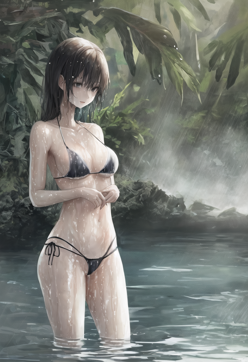 雨に濡れた水辺の少女