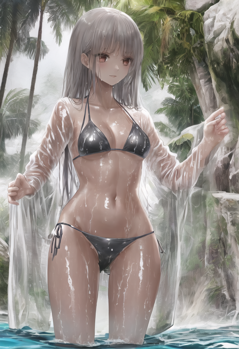 滝と緑に包まれた水着姿のポートレート #美少女 #水着 #屋外