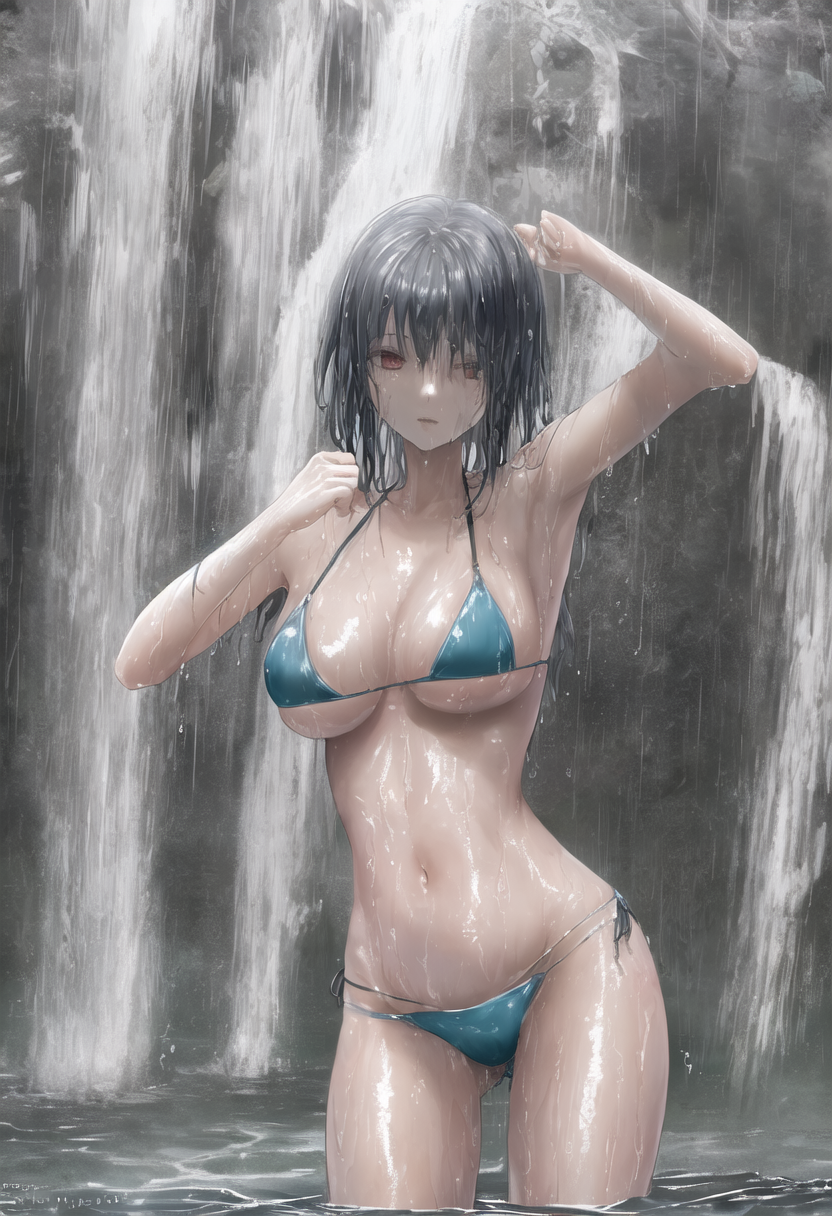 滝の水浴びアニメ調ポートレート #水着 #美少女 #滝