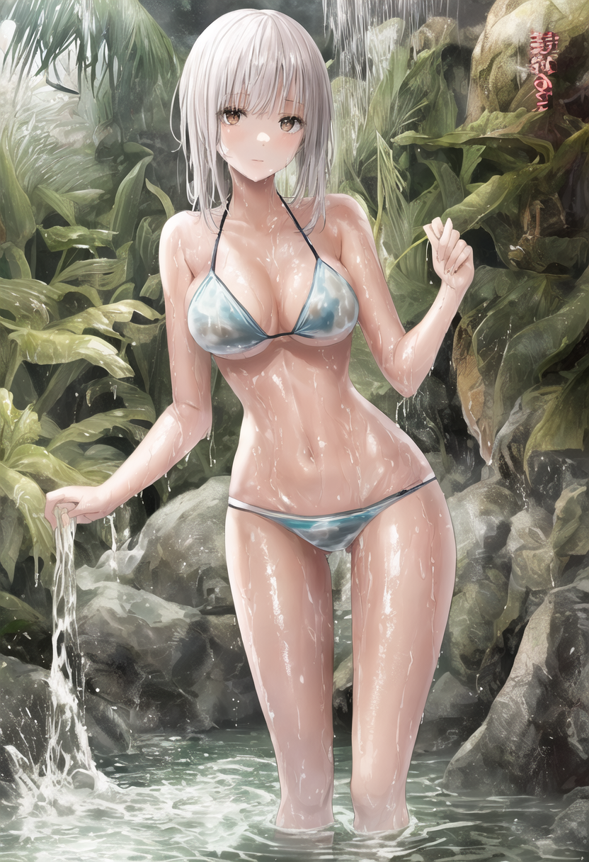 滝のしぶきに包まれた白髪の少女 #水着 #美少女 #屋外