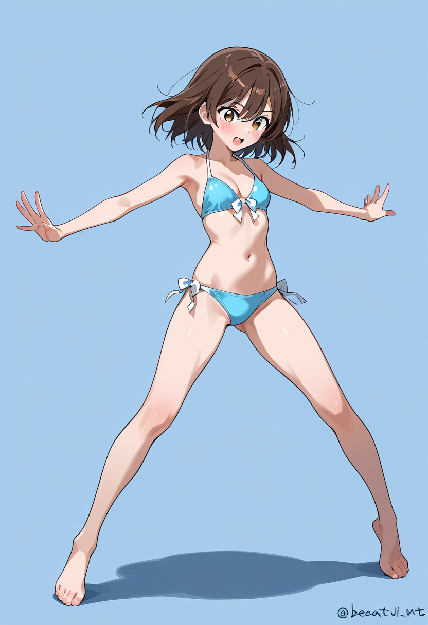 青い水着で元気に笑う少女のアニメイラスト #美少女 #水着 #アニメ調