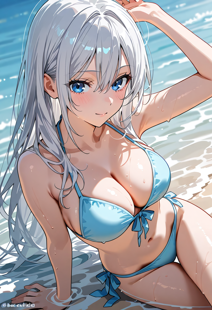 青いビキニの白髪美少女、海辺のポートレート #美少女 #アニメ調 #かわいい