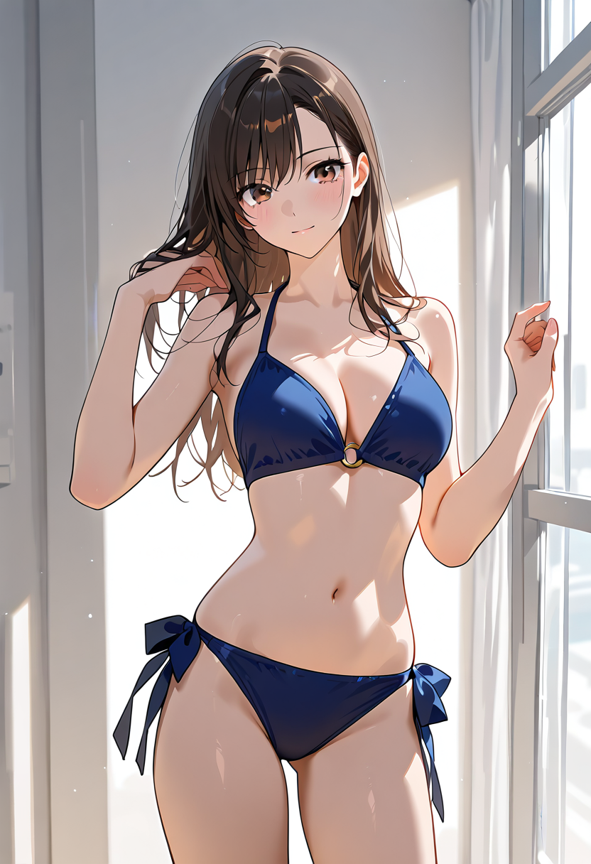 紺色ビキニの美少女、窓辺のポートレート #美少女 #アニメ調 #モデル