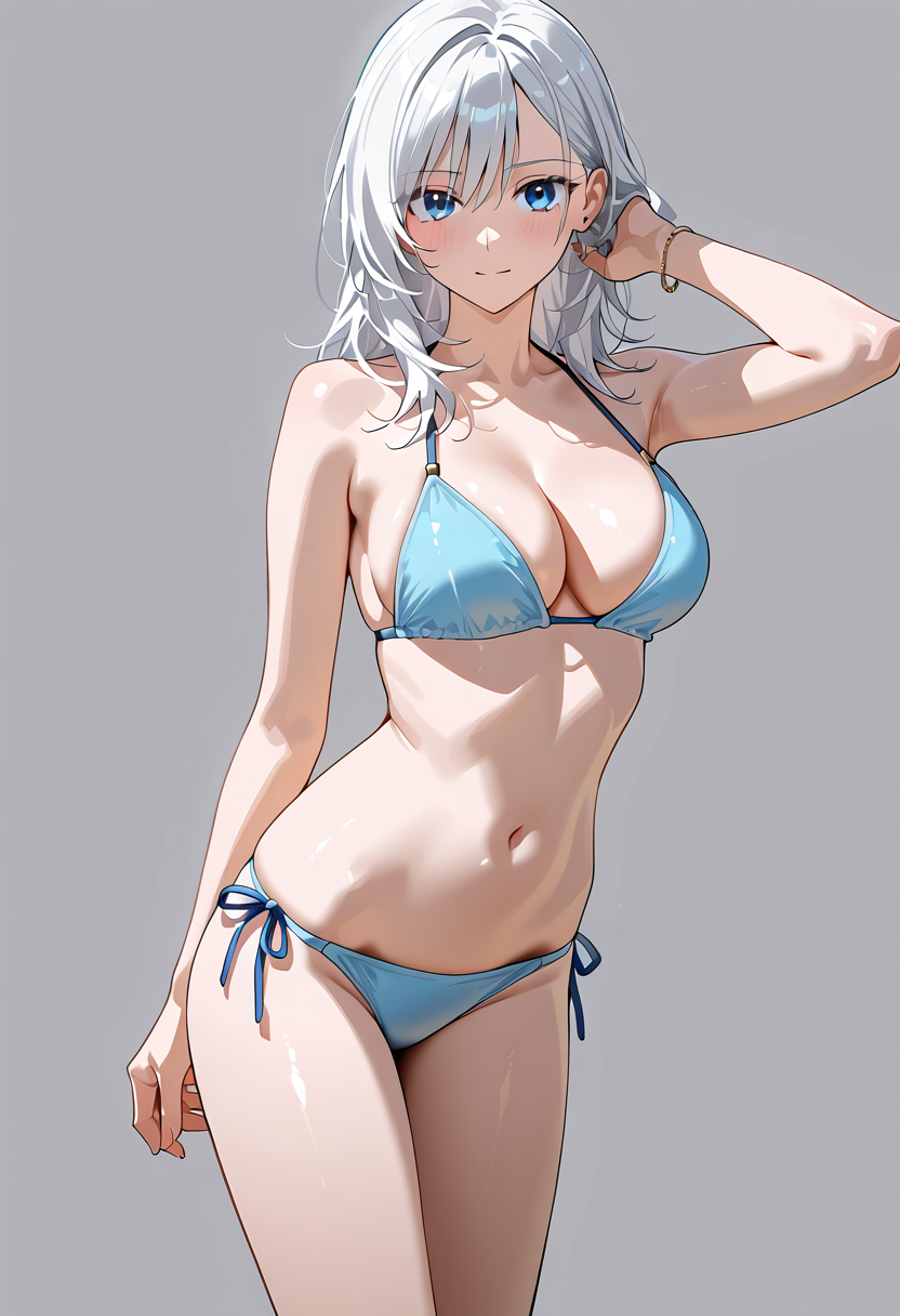 白髪の美少女が水色ビキニで爽やかポーズ #水着 #美少女 #アニメ調