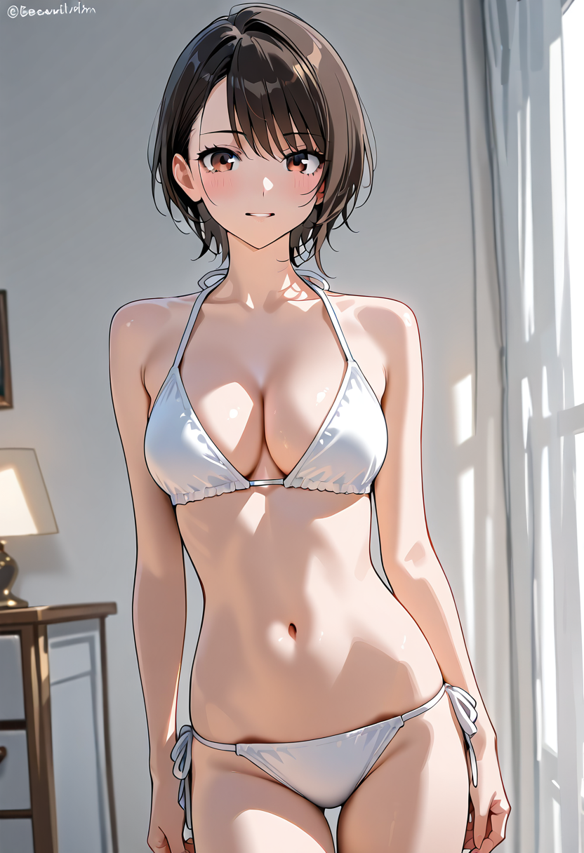 白いビキニ姿の黒髪ショートヘアポートレート #美少女 #かわいい #アニメ調