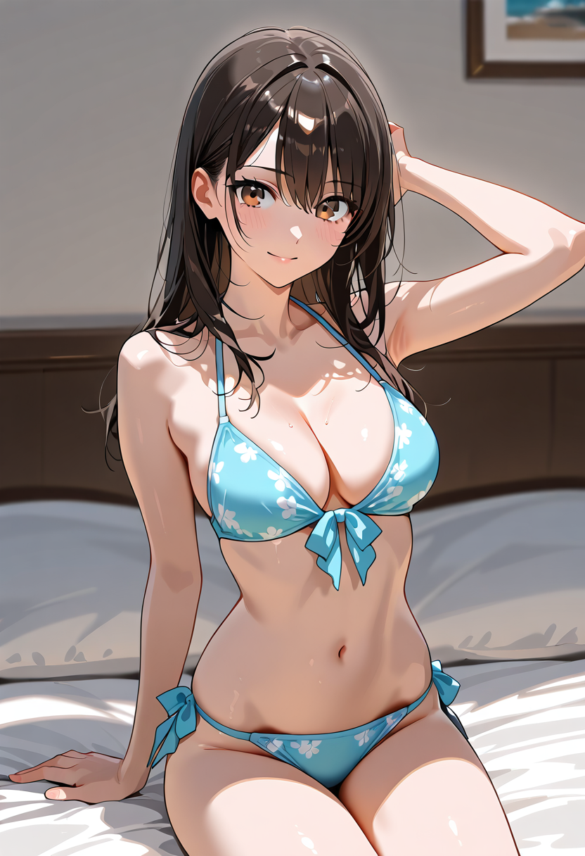 青い花柄ビキニの笑顔ポートレート #美少女 #アニメ調 #笑顔