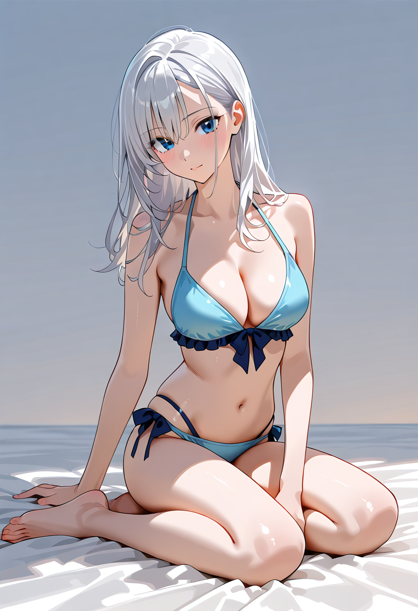 白髪の美少女、青いビキニの海辺ポートレート #美少女 #水着 #アニメ