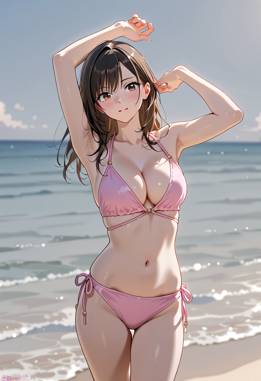 海辺でのポーズ、ピンク水着姿の美少女イラスト #美少女 #水着 #屋外