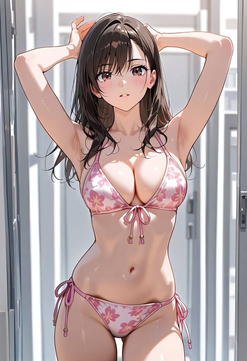 窓辺のポートレート、ピンク花柄ビキニ #美少女 #水着 #ビキニ