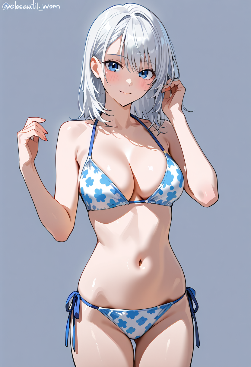 白髪ショートの美少女、花柄ビキニポートレート #美少女 #アニメ調 #かわいい