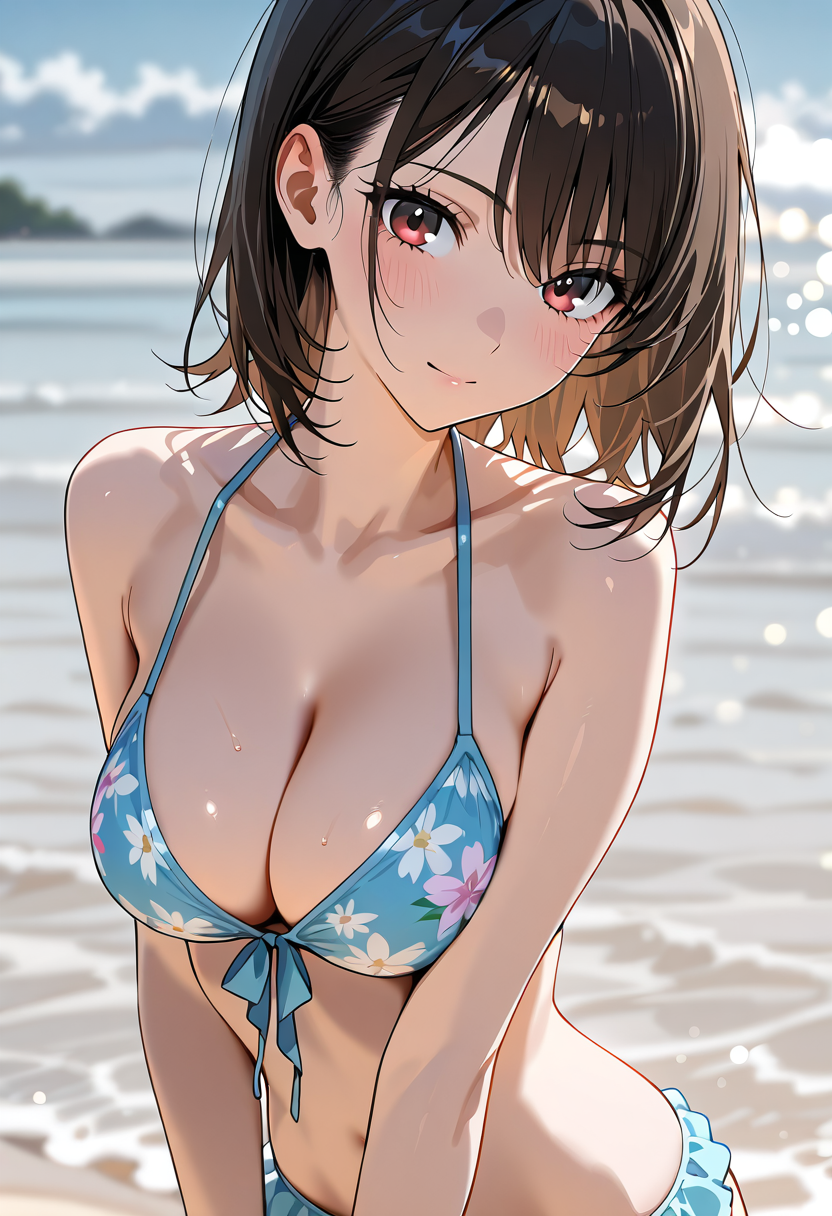 海辺で微笑む、花柄水着の少女ポートレート #美少女 #アニメ #水着