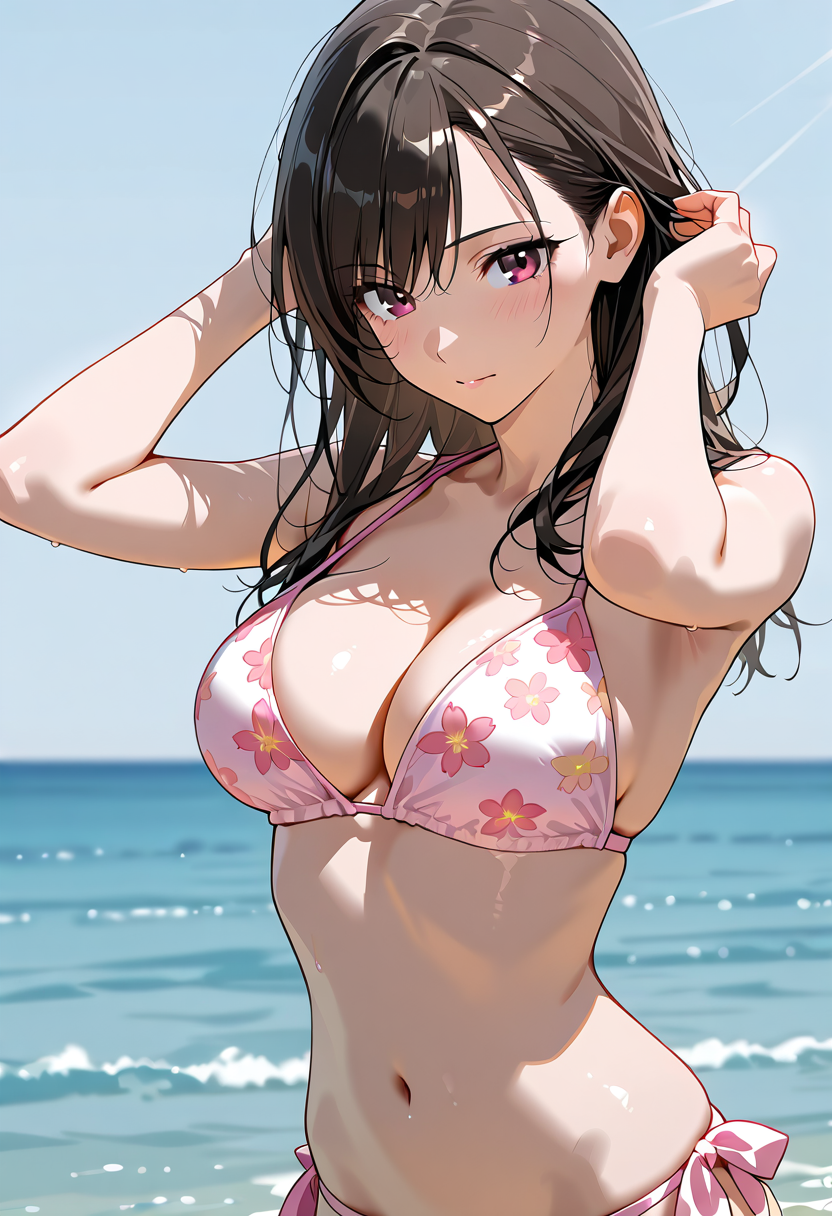 海辺でのポートレート、ピンク花柄水着の少女 #美少女 #アニメ #水着