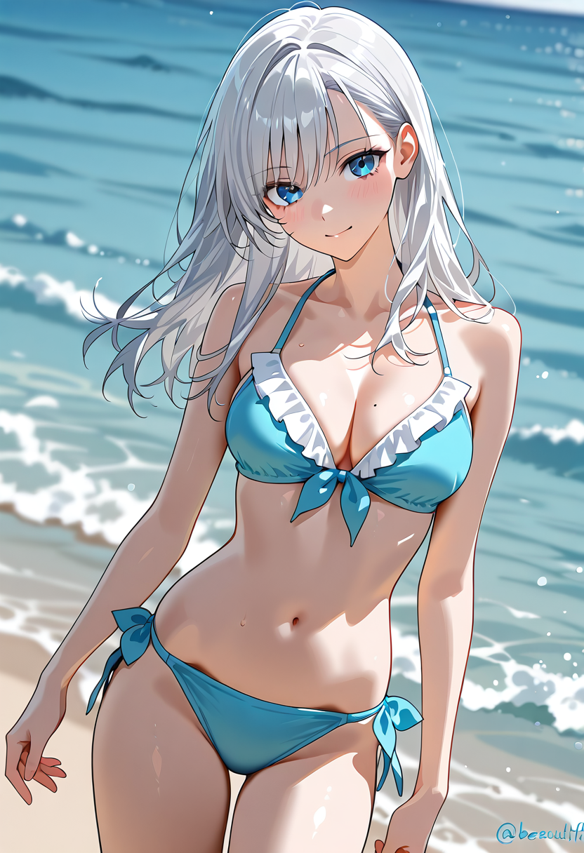 海辺のポートレート、白髪と青い瞳 #水着 #ビキニ #美少女