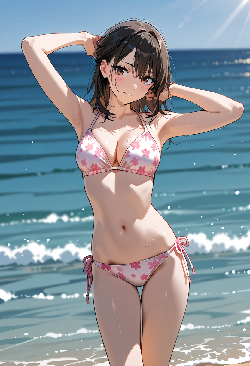 夏の浜辺で微笑む黒髪美少女のポートレート #水着 #屋外 #美少女