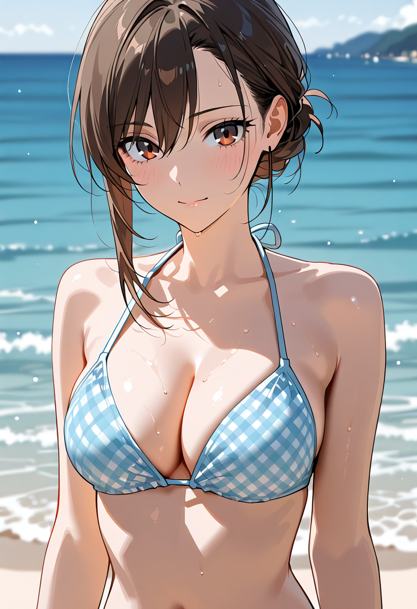 青いチェック柄水着の海辺ポートレート #水着 #美少女 #かわいい