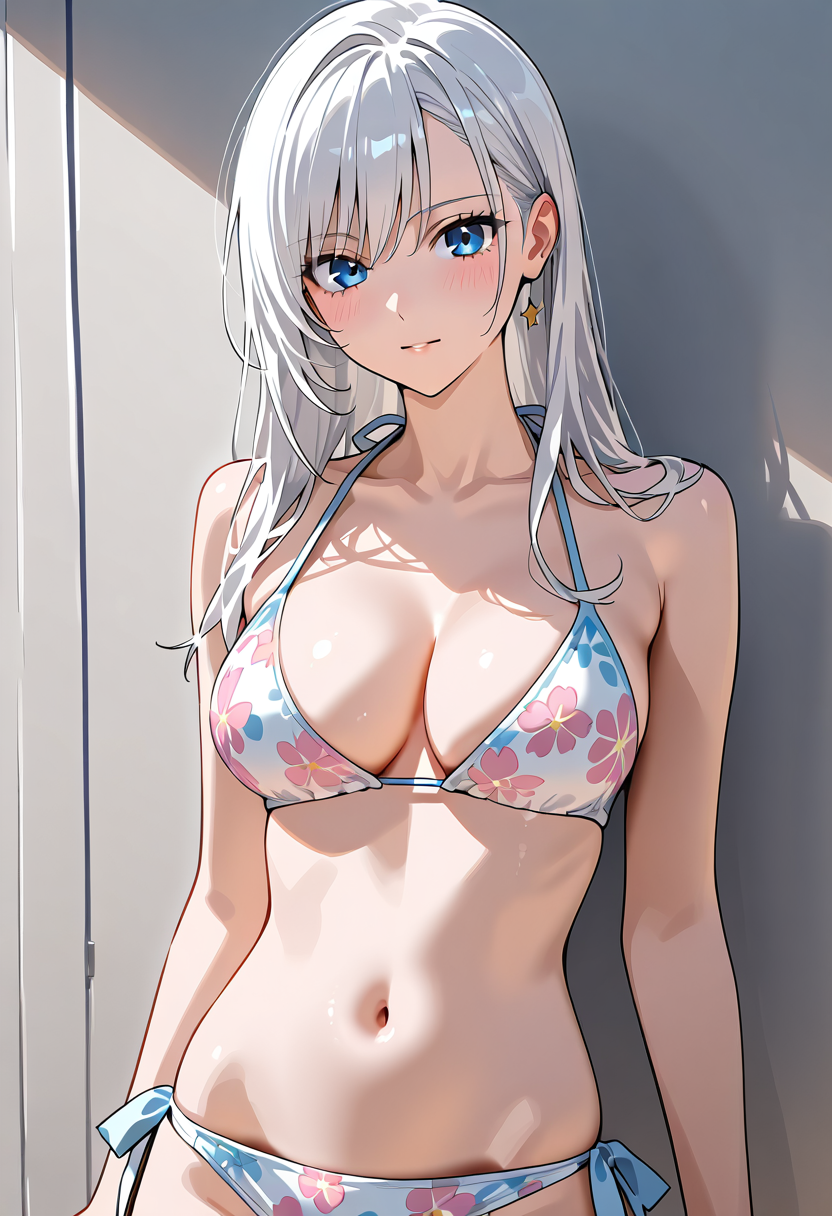 白髪の少女、花柄ビキニのポートレート #美少女 #アニメ調 #かわいい