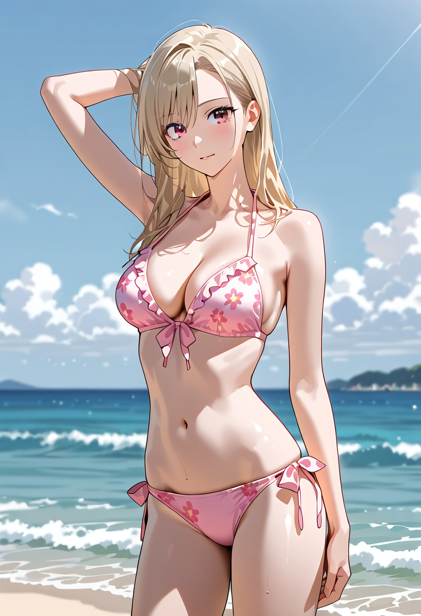 海辺でのポートレート、ピンク水着の美少女 #水着 #美少女 #屋外
