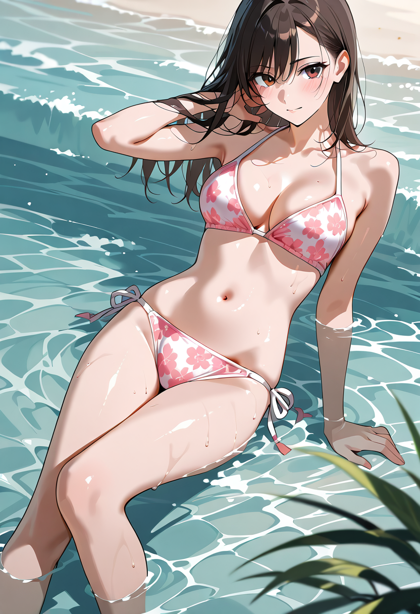 水辺で微笑む、花柄ビキニの夏の美少女 #水着 #美少女 #ビキニ