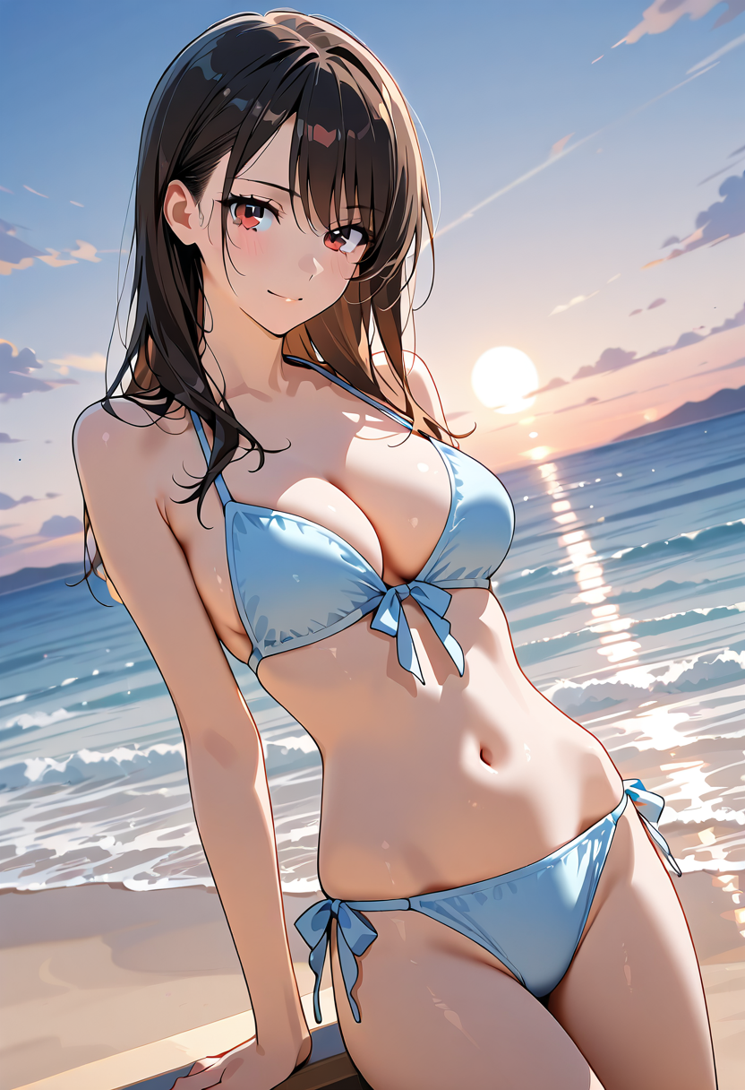 夕焼けビーチの笑顔ポートレート #美少女 #水着 #ビキニ