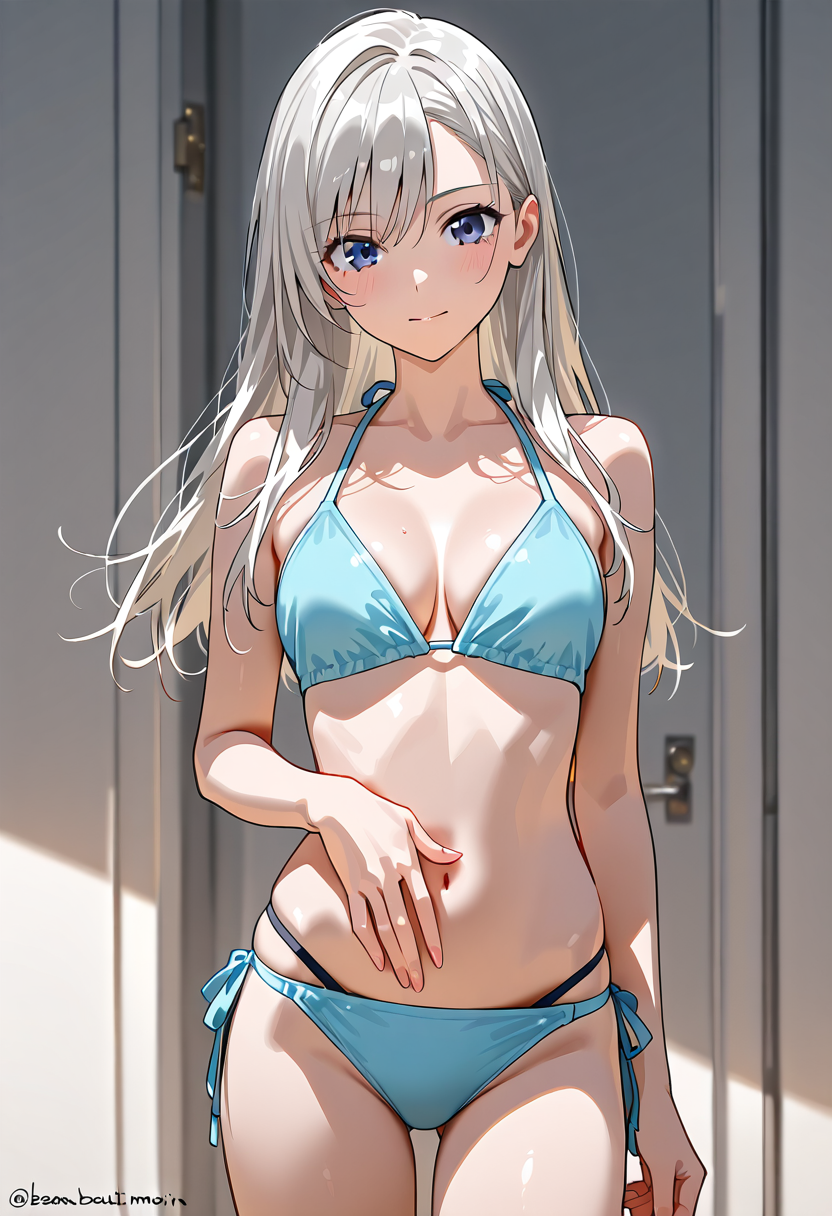 白髪の美少女、青いビキニポートレート #美少女 #アニメ調 #かわいい