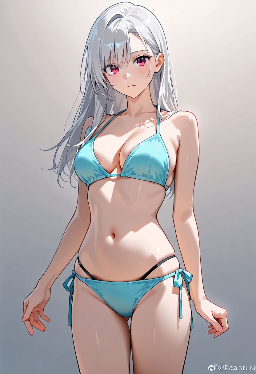 白髪ロングの美少女、ターコイズブルーの水着姿 #美少女 #アニメ調 #かわいい