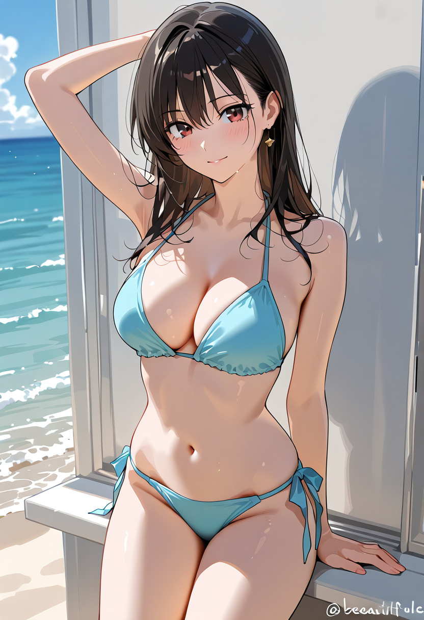 海辺の窓辺、青いビキニのポートレート #美少女 #水着 #ビキニ
