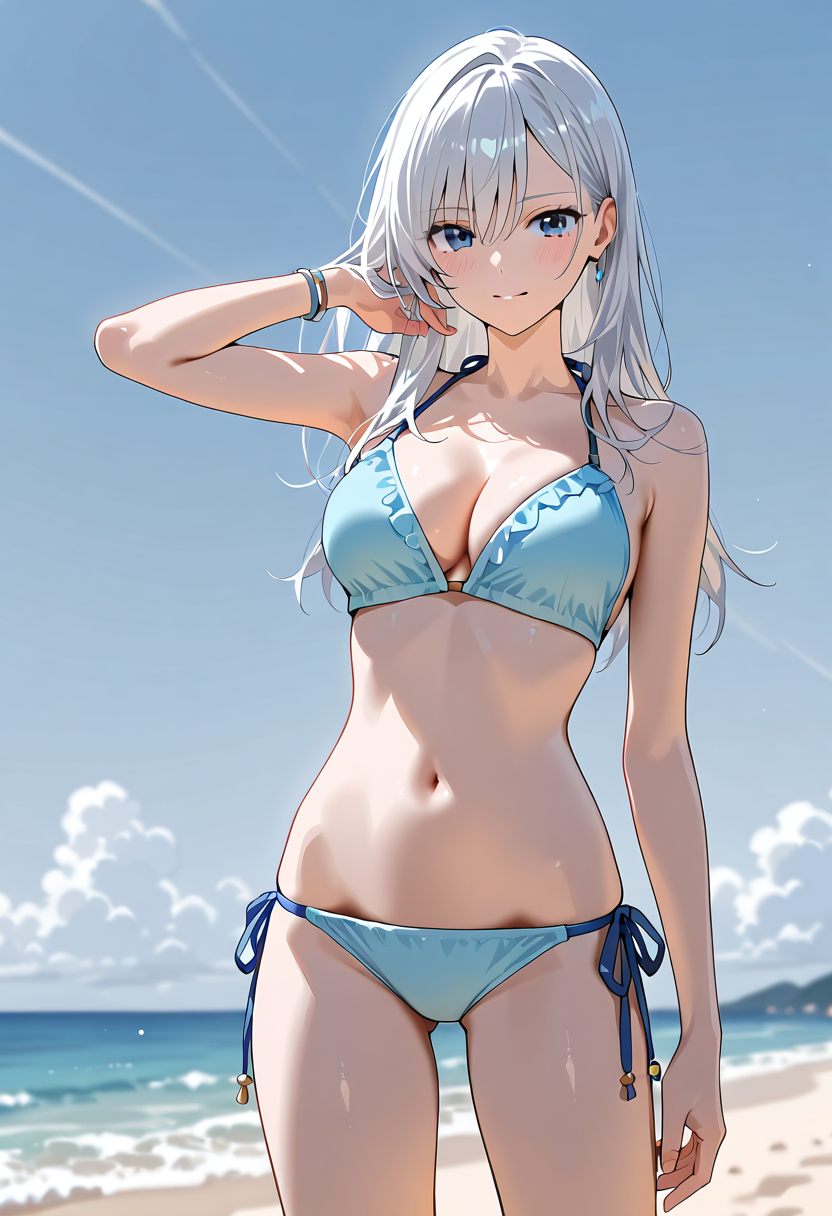 青空のビーチで優雅な笑顔を見せる少女 #美少女 #水着 #アニメ