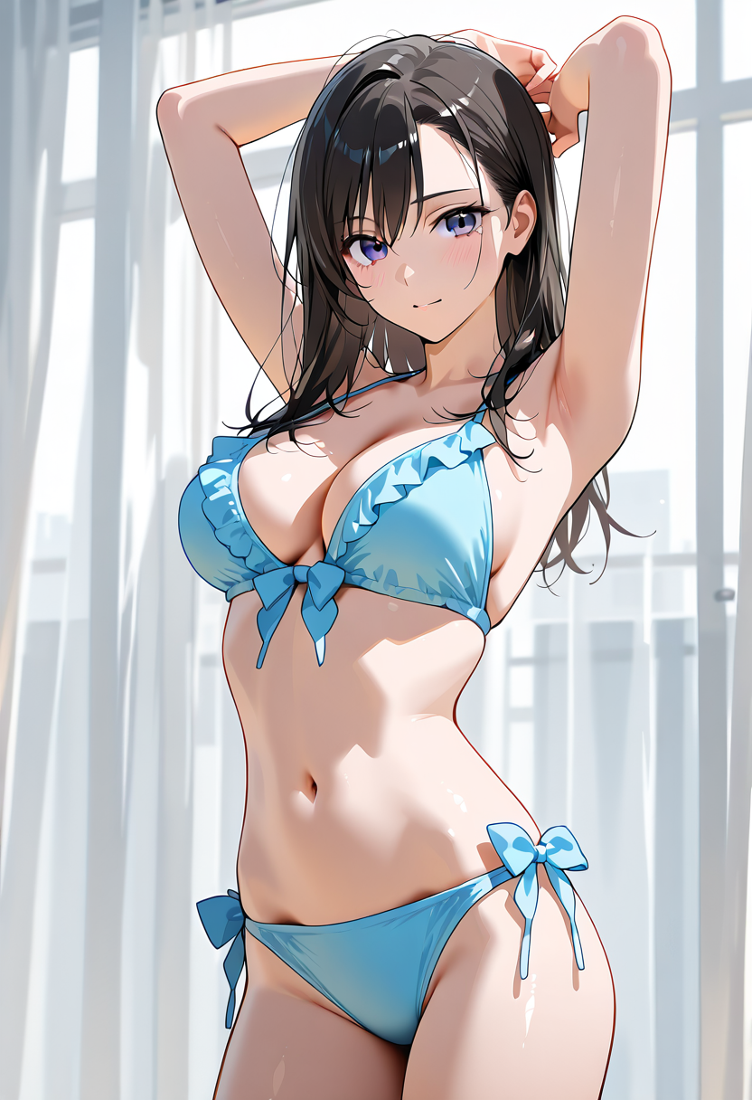 窓辺でのポーズ、紫紺の瞳の美少女アニメ調イラスト #美少女 #アニメ調 #かわいい