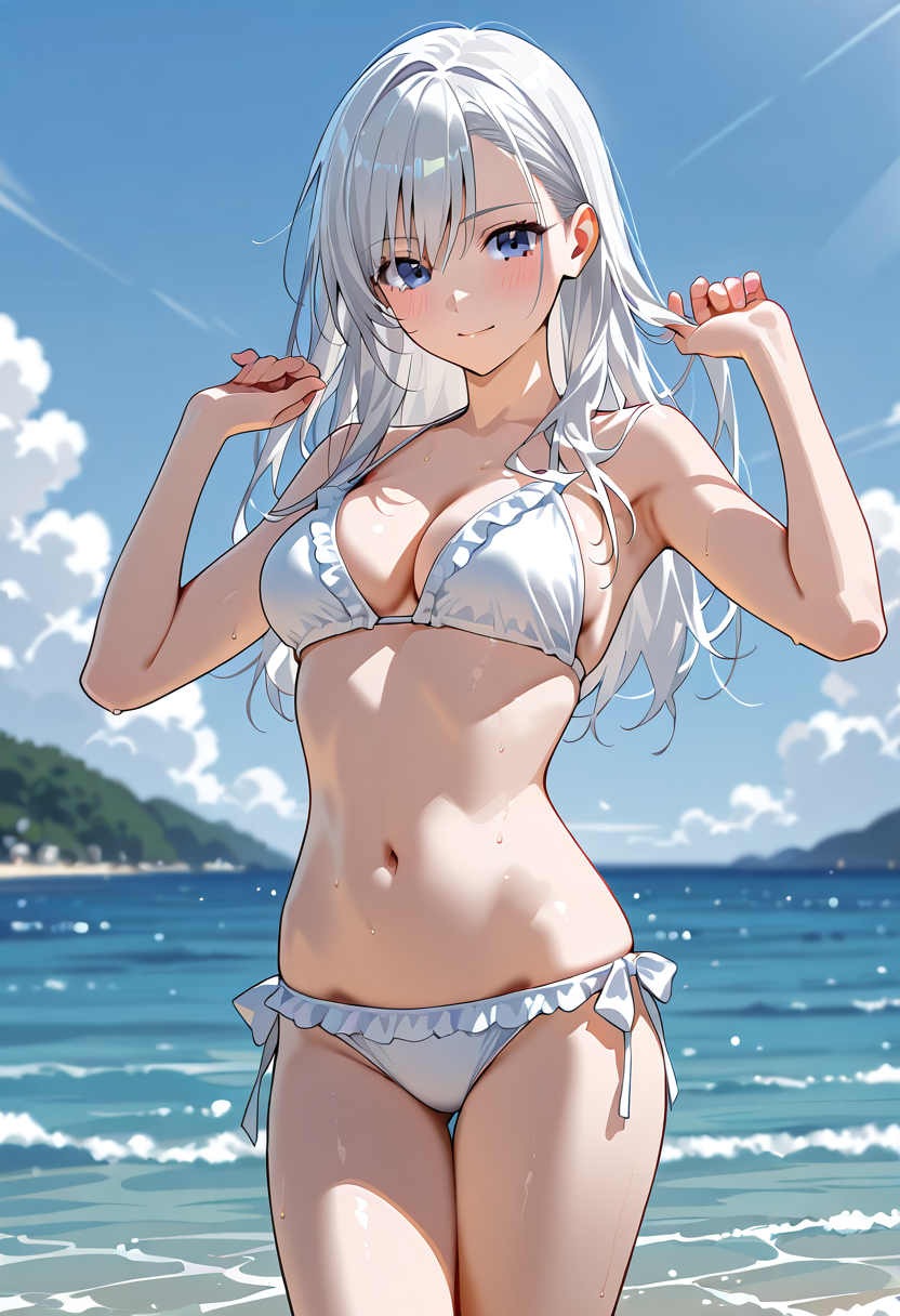 白髪の少女、夏の海辺ポートレート #美少女 #水着 #アニメ調