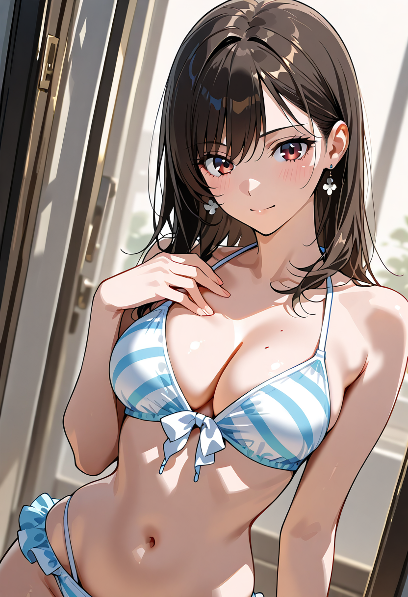 青白ストライプの水着姿、窓辺の笑顔ポートレート #美少女 #アニメ調 #笑顔