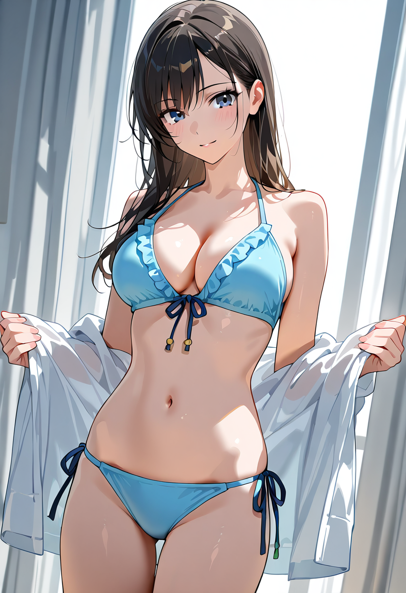 青のビキニと白シャツ、爽やかポートレート #美少女 #アニメ #下着