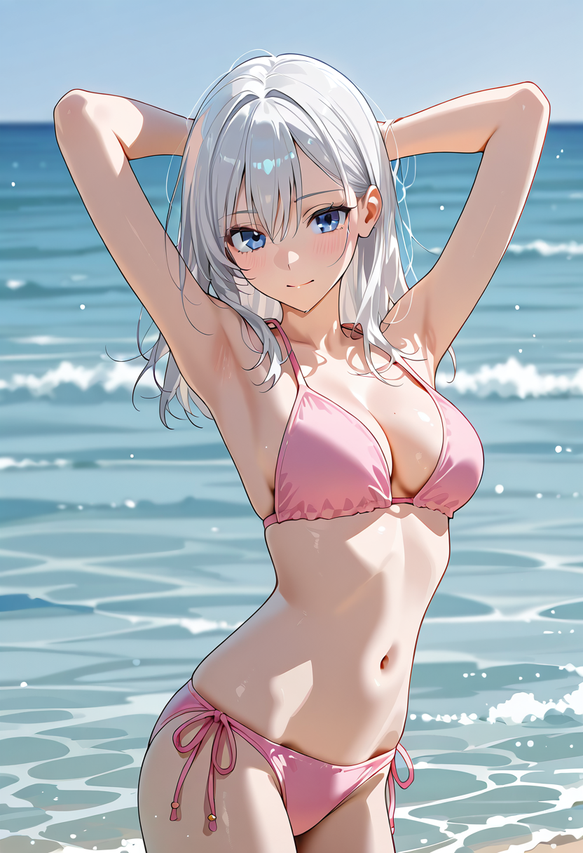 海辺で過ごす銀髪美少女のビキニポートレート #美少女 #アニメ #水着