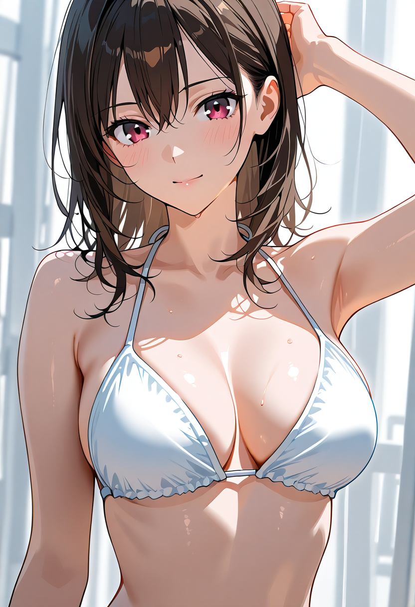 ピンク瞳の少女、白いビキニでポートレート #アニメ #美少女 #かわいい