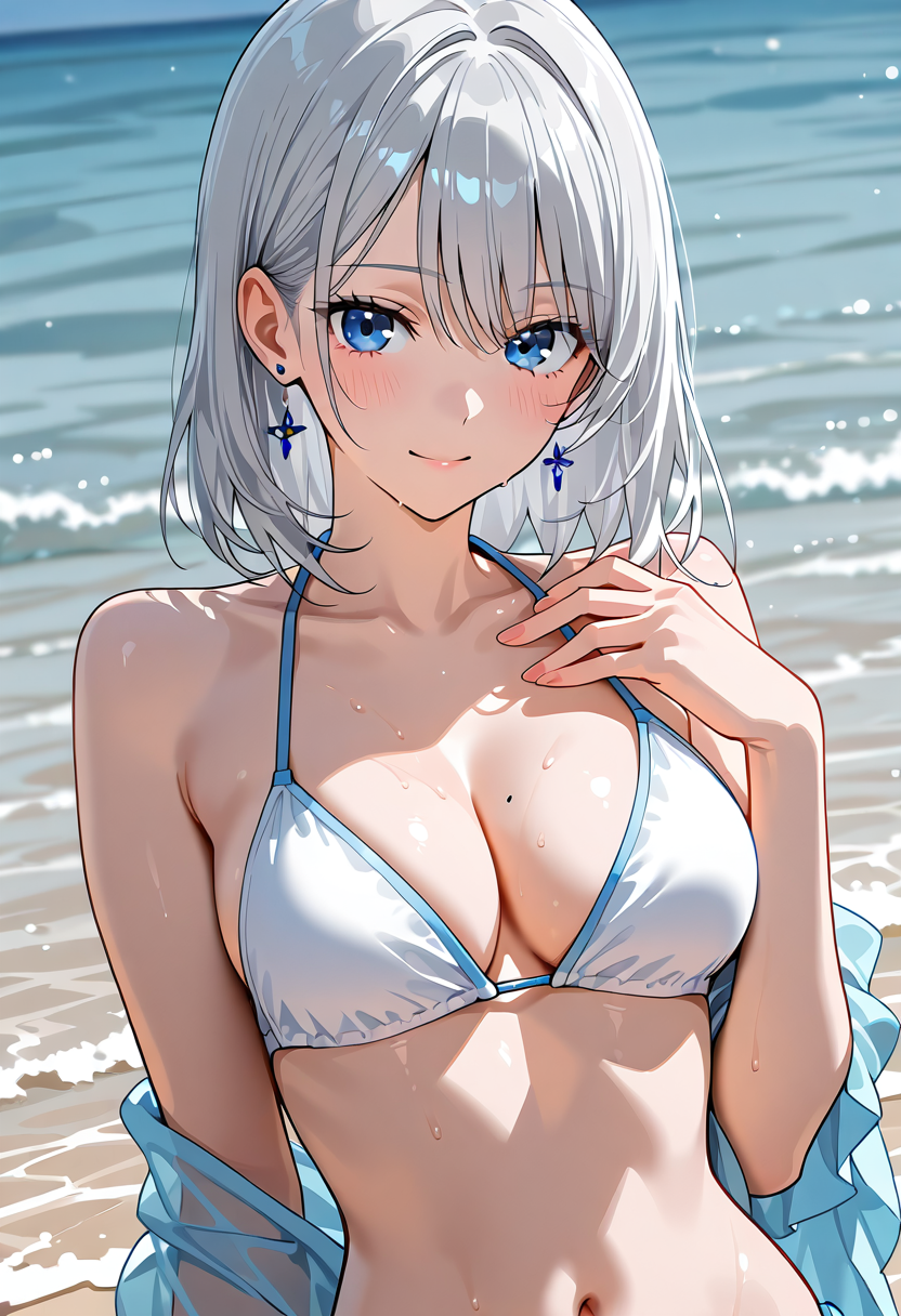 白髪の美少女が浜辺で微笑むポートレート #美少女 #アニメ調 #笑顔